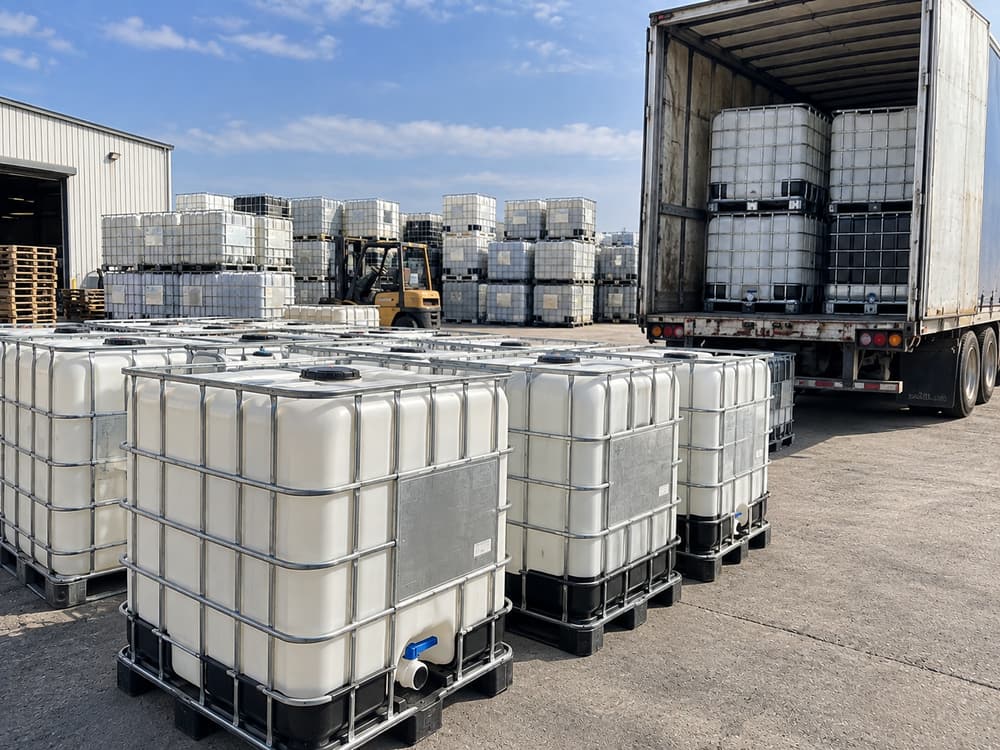 IBC totes being loaded into a dry van trailer by forklift at a loading dock, with stacked pallets alongside