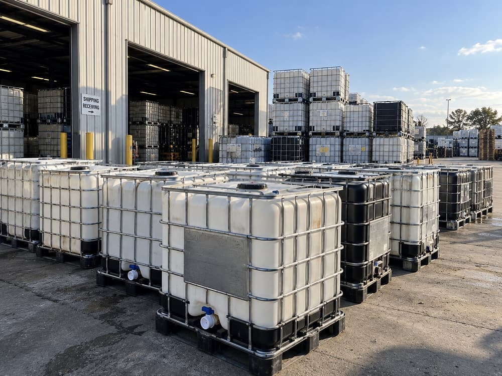 Mixed white and black IBC totes outside a shipping and receiving building, stacked two and three high