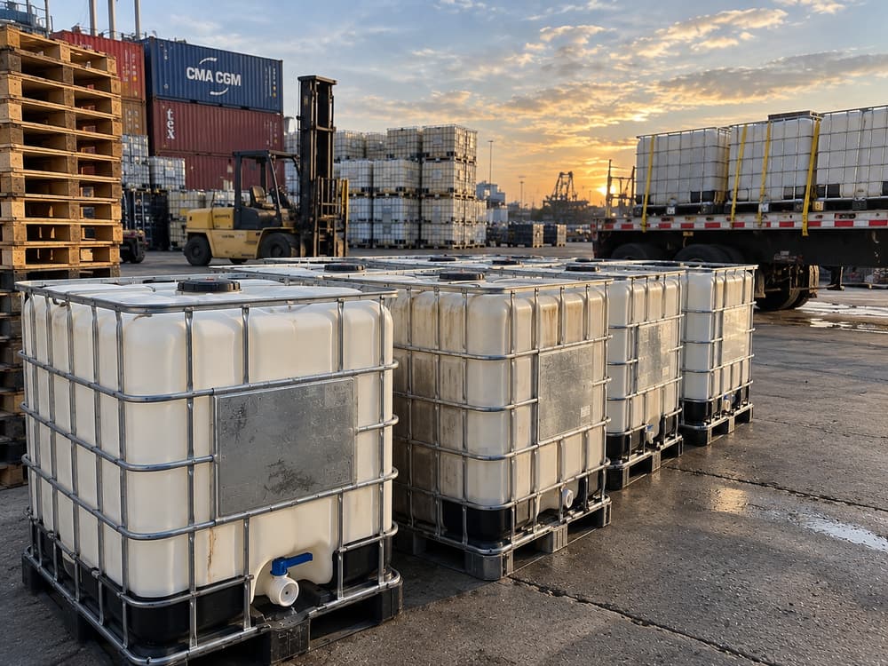 IBC totes on a flatbed trailer at dusk beside shipping containers and stacked wooden pallets