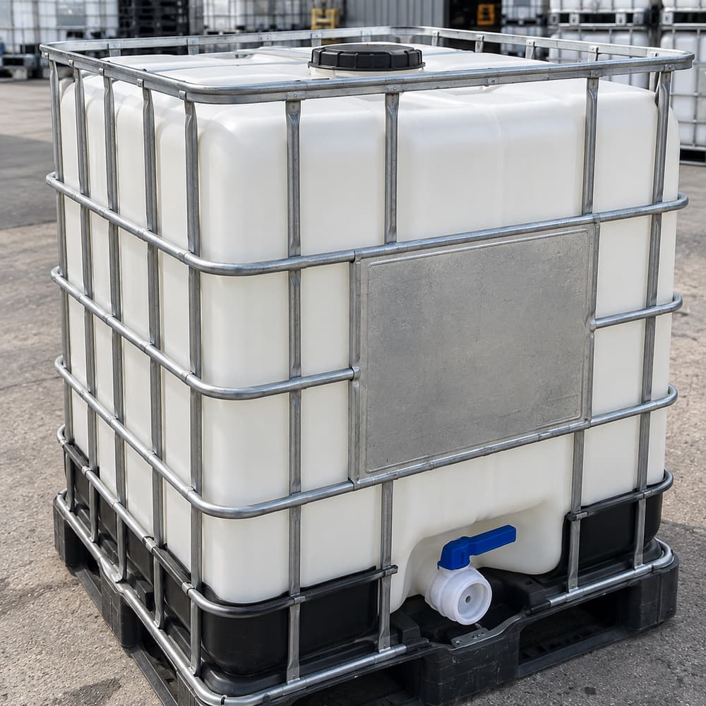 A single clean 275 gallon composite IBC tote on a black plastic pallet, showing the steel cage, fill lid and blue-handled discharge valve