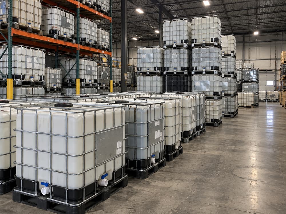 Interior of a warehouse with IBC totes racked on orange pallet racking and stacked two high on the floor