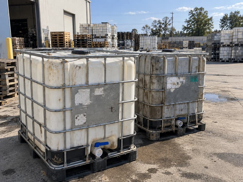 Two stained and weathered used IBC totes in a yard, showing discoloured bottles and worn labels