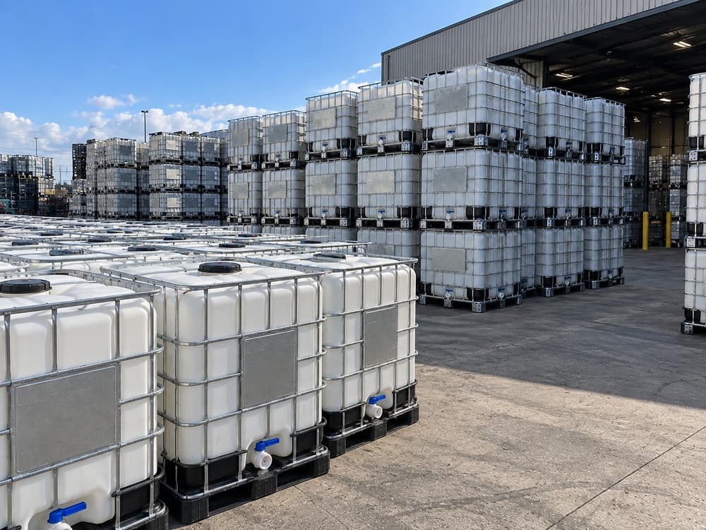 A large yard of stacked IBC totes under a blue sky, with a warehouse opening behind